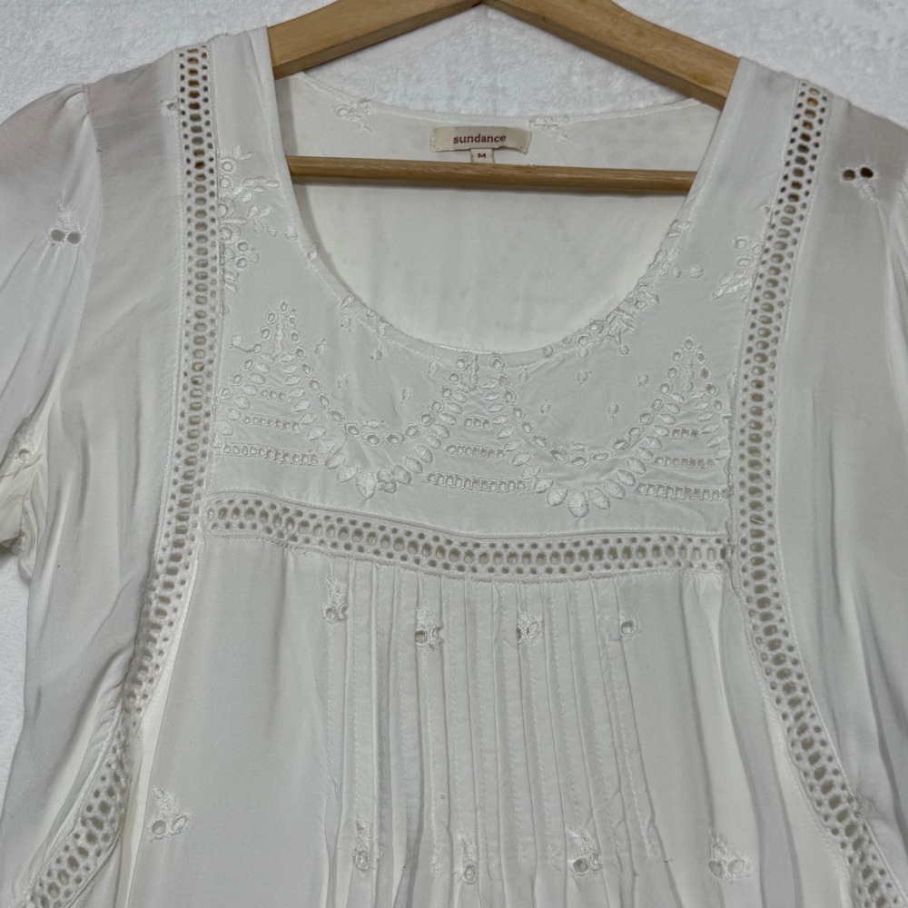 Sundance | White Eyelet Embroidered Dress‎ Bohemian Gauze Bell Sleeve, Medium - Picture 2 of 7